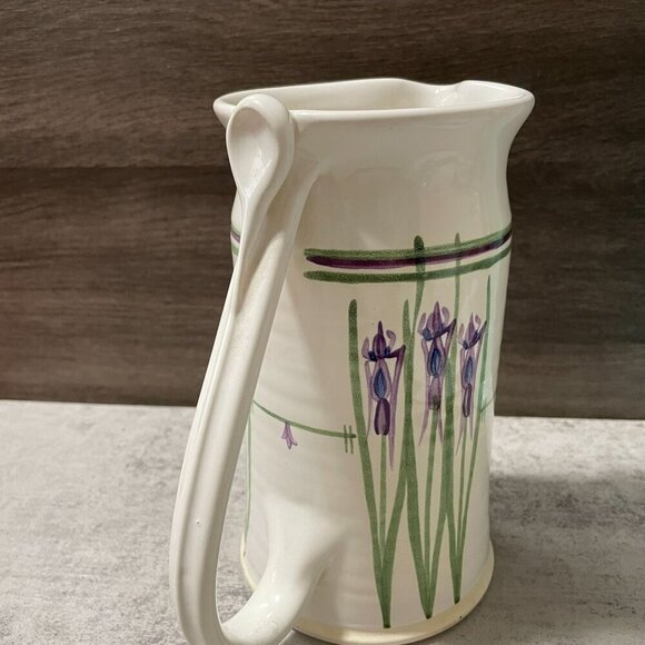 Studio Art Pottery Pitcher Hand Painted Purple Iris Flowers Handmade Signed 8" - Picture 4 of 11